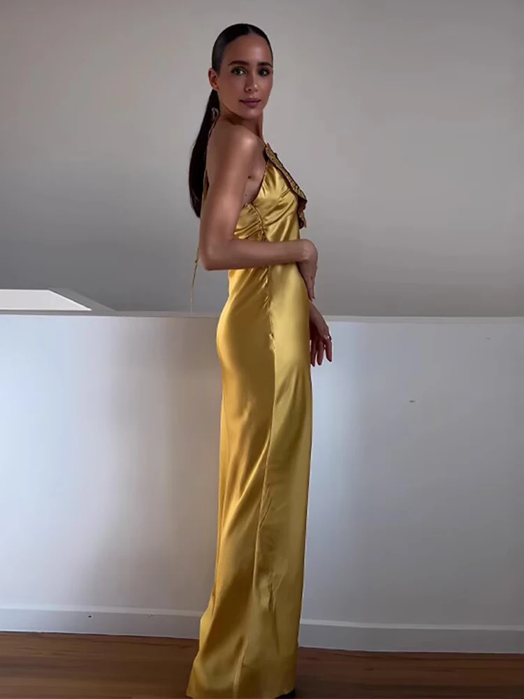 Women Elegant Chest Diamond Flower Halter Dress Backless Sexy Long Dresses Summer 2025 New Fashion Evening Party Dresses