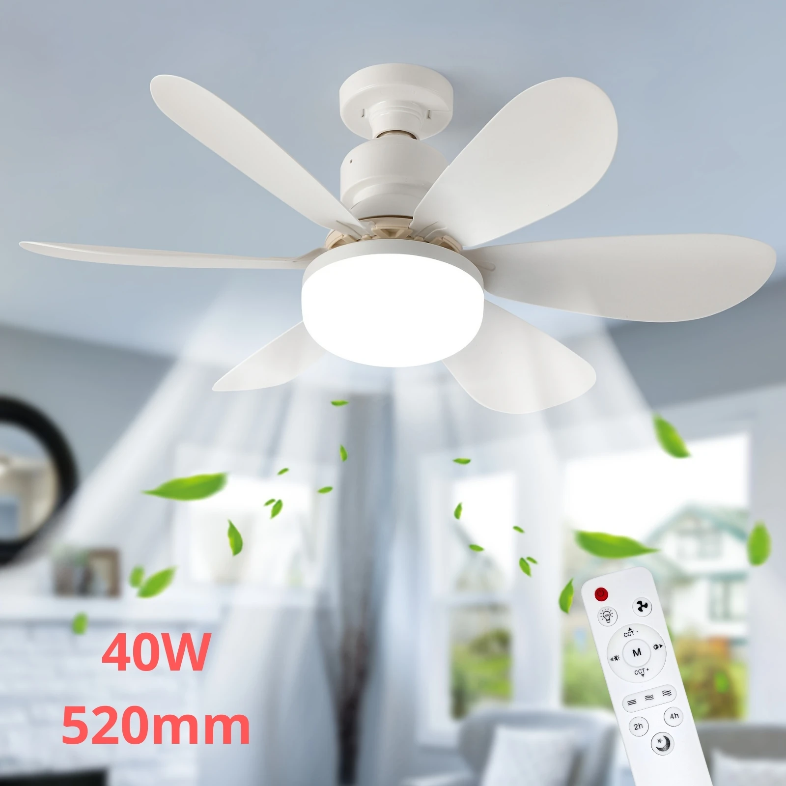 40W Socket Fan Light with Remote, 20.5in Ceiling Fan with LED, E27 Cordless Light Screw Fan for Kitchen, Bedroom, Small Rooms