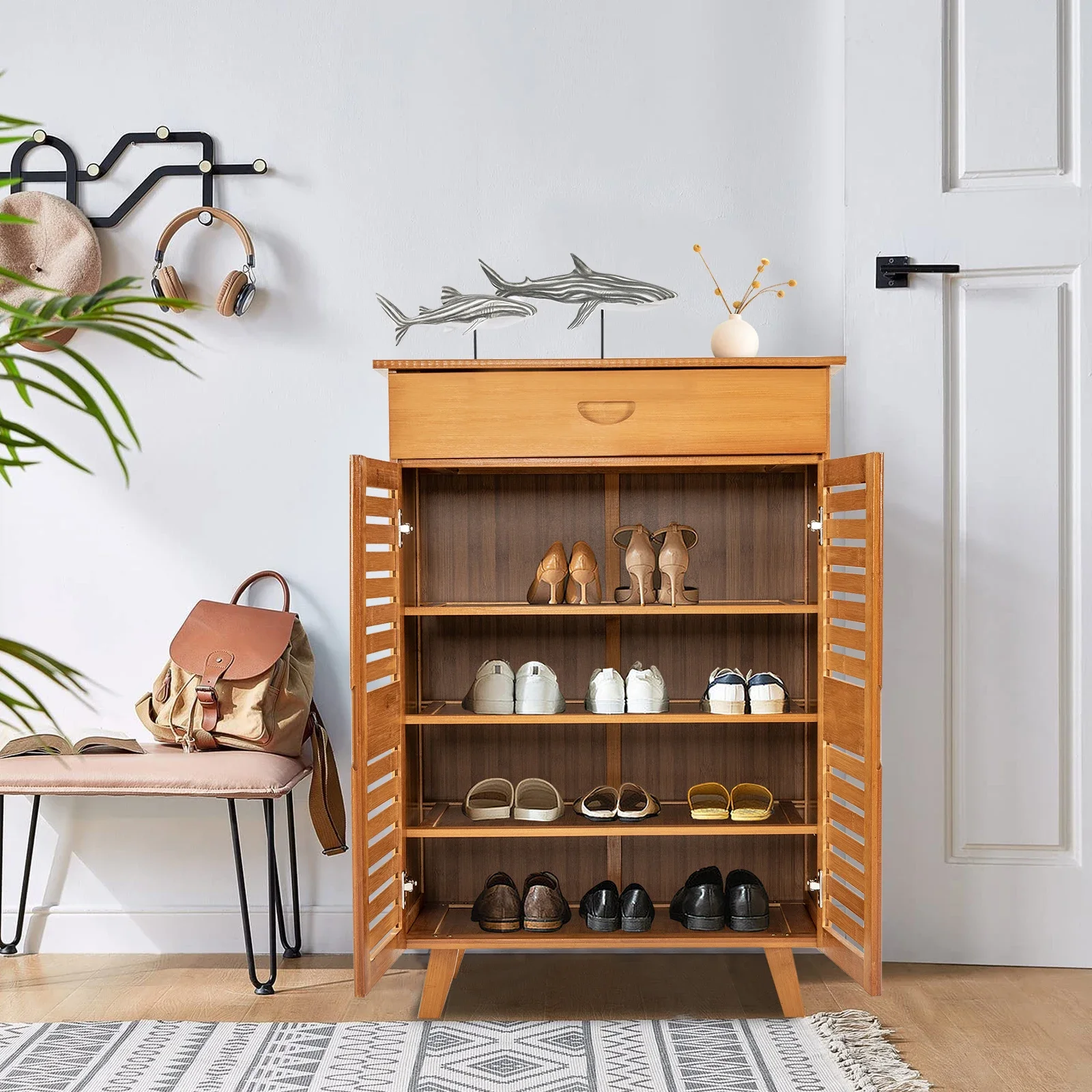 Retro 5 Tier Shoe Rack Classic Passageway Storage Cabinet with Drawer for Home Living Room Bedroom Chic Shore Hanger Tools 4