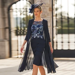 Elegant Mother of the Bride Dresses 2 Pieces O Neck 3/4 Sleeves Wedding Party Gowns Appliques Knee Length Mermaid فساتين السهرة