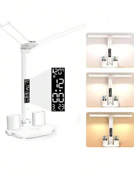 1 Double-Head Pen Holder Desk Lamp, White Light With Three Levels Of Brightness Adjustment, Time Display, USB Plug, Suitable For 4