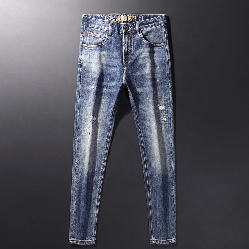 Fashionable new men's light blue jeans, retro elastic tight fitting designer jeans, hip-hop bicycle pants Homebr
