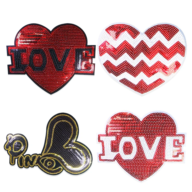 Glänzende Liebe rot herzförmige Pailletten Symbol gestickte Applikation Patch für Kleidung DIY Eisen auf Patches auf den Aufklebern