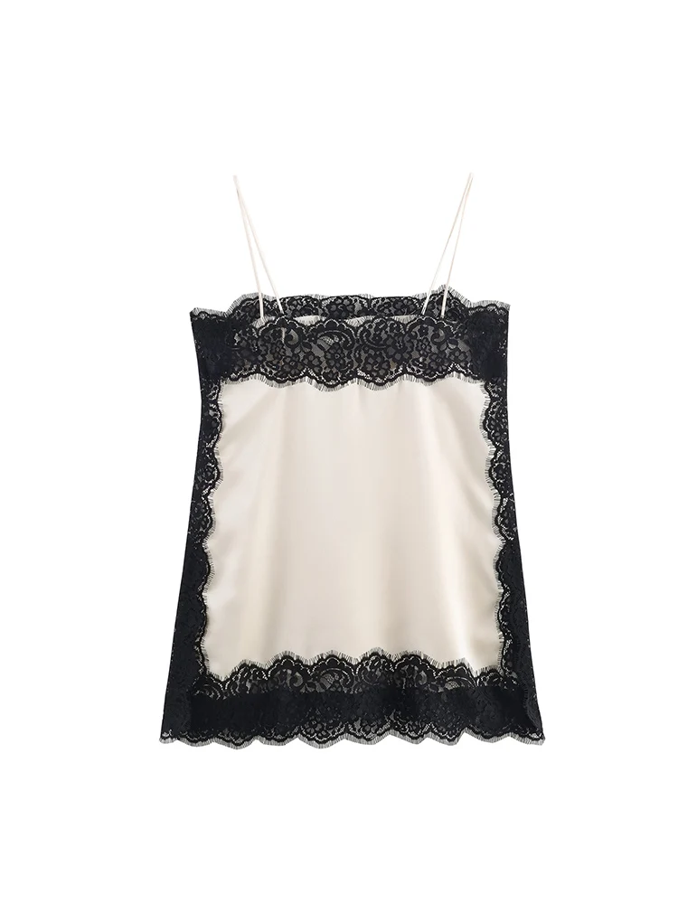 Women's Patchwork Camisole Lace Spliced Slash Collar White Black Contrast Color Lady Sexy Thin Sling Top Casual Fashion
