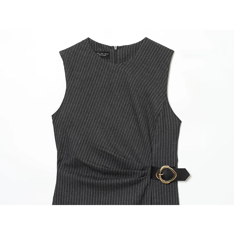 2025 New Women Sleeveless Dress Fashion Buckle Decoration Stripe Long Dresses O neck Ruched Slim Midi Women's Dresses