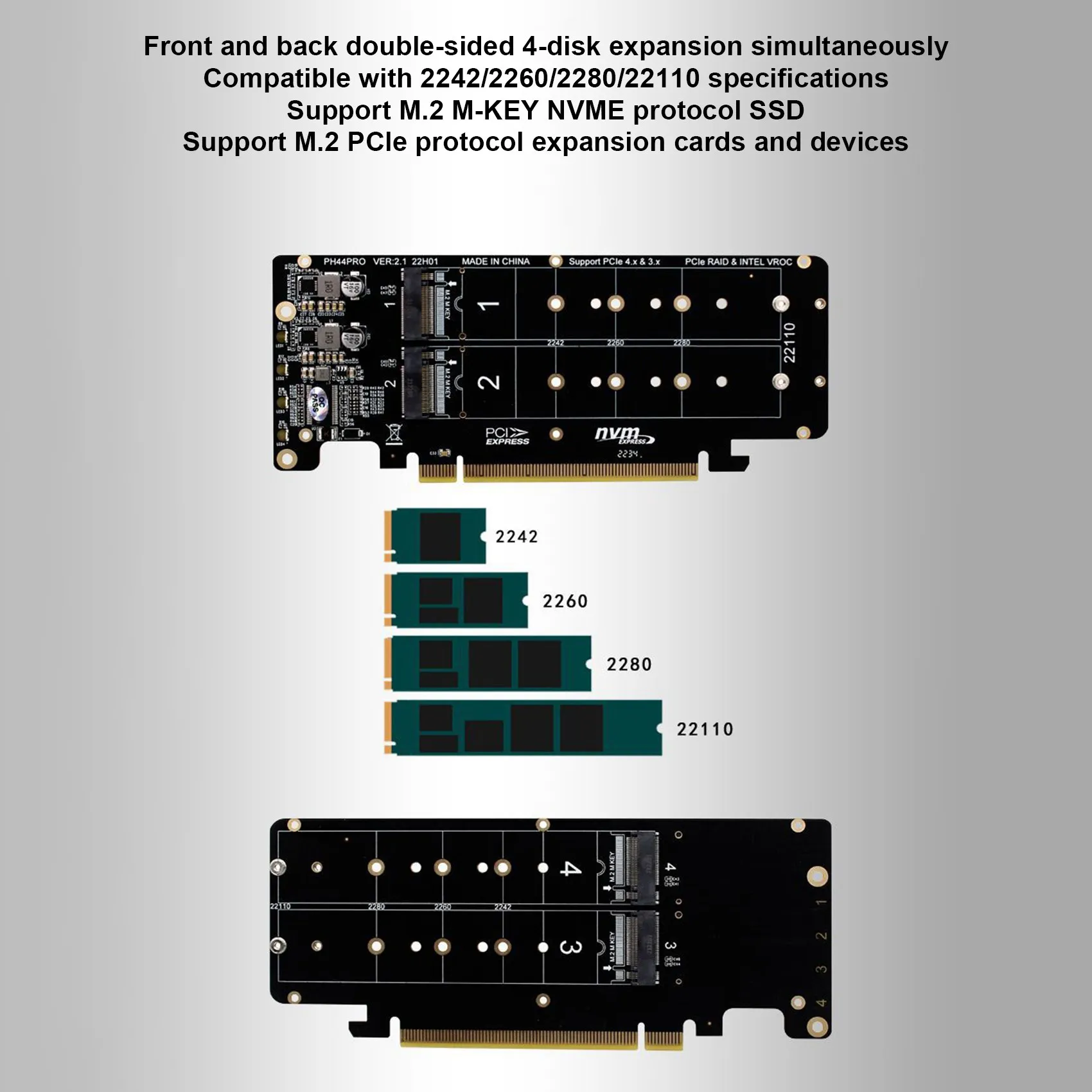 PCIE X16 to M.2 M-Key NVMEx4 SSD 2U Server Riser Card Double-Sided 4-Disk NVME PCI-EX16 Split Card nvme pcie riser card