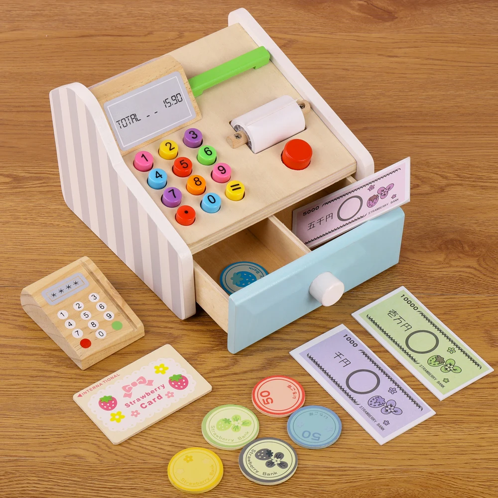 Wooden American cash register cash register card reader wooden card 7 coins 3 banknotes
