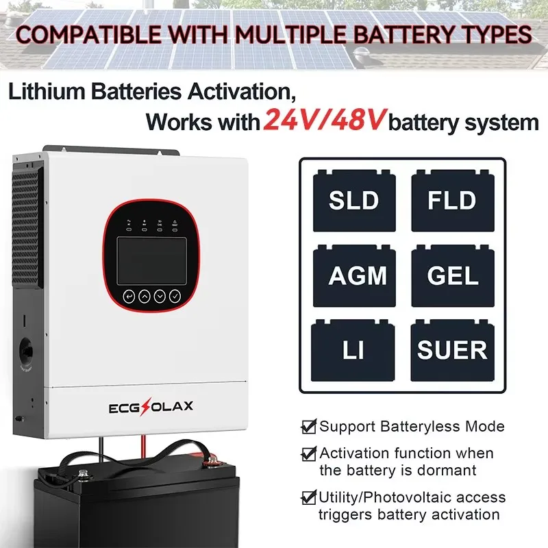 ECGSOLAX 5KW 6.5KW 하이브리드 태양광 인버터 24V 48V 220Vac MPPT 120A 160A 태양광 충전기 내장형 순수 정현파 인버터 WIFI 탑재