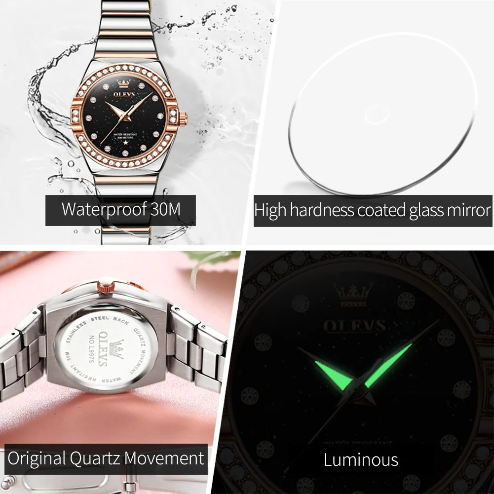 OLEVS Quartz Watch for Women Luxury Stainless Steel Starry Sky Diamond Dial Waterproof Luminous Ladies Wristwatches Gift Box Set