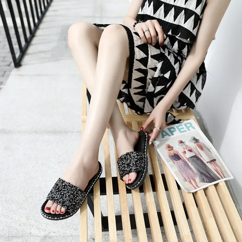 Bling Slippers New Summer Women Shoes Outdoor Beach Sandals Fashion Rhinestone Flat Sandalias Ladies Casual Slides Sandale Femme