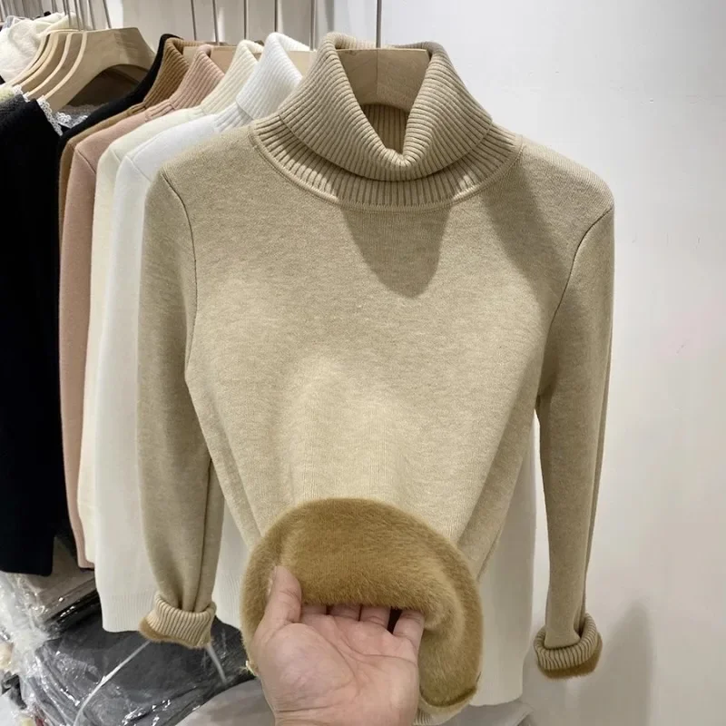 Solid Color Turtleneck Sweater Autumn and Winter New Integrated Fleece Warm Women's Bottoming Shirt Casual Slim Knitwear Top