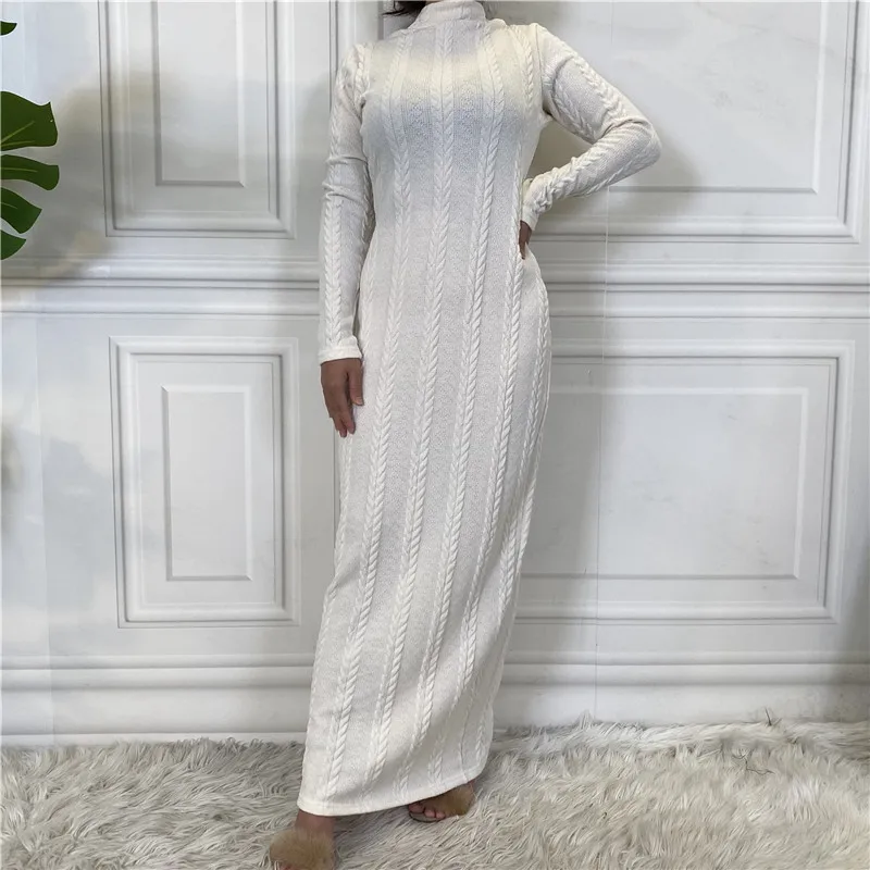 2023 Muslim Abayat Solid Color Knitting Sweater Bottoming Women's Dress Long Sleeve Medium High Collar Robe Femme Musulman