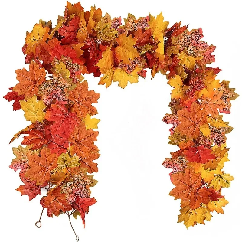 2M Artificial Fall Maple Leaf Garland Fake Plant Autumn Leave Vine for Home Thanksgiving Halloween Decor artificial maple leaf garland