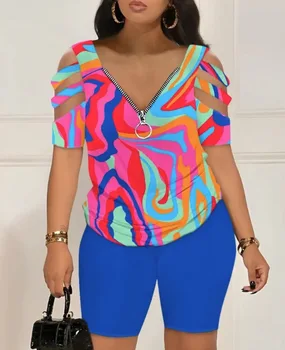 2025 Fashion Sexy Out T Shirt And Shorts 2 Piece Sets Women Outfit Summer Casual Loose Print T Shirts Two Piece Set For Women 4