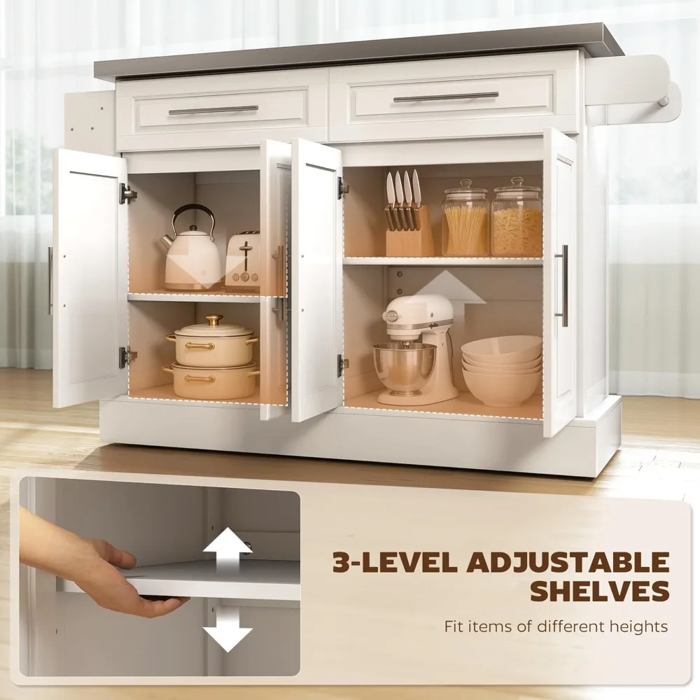 Rolling Kitchen Island Cart with 47" Stainless Steel Top, Portable Island Table for Kitchen with Wheels, Adjustable, Customized 5