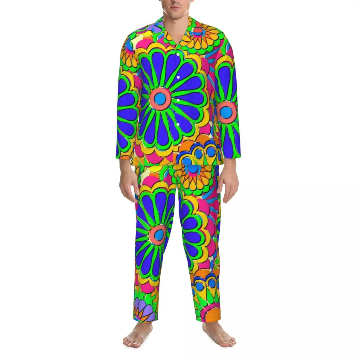 

Hippie Style Pajamas Men Colorful Flower Power Comfortable Daily Sleepwear Spring Two Piece Vintage Oversized Design Pajama Set