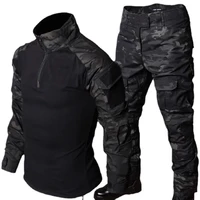 Summer Black Camo Training Set Mens Half Zip Combat Tops Waterproof Tactical Suit Elastic Multiple Pockets Quick Drying 3-pcs 2