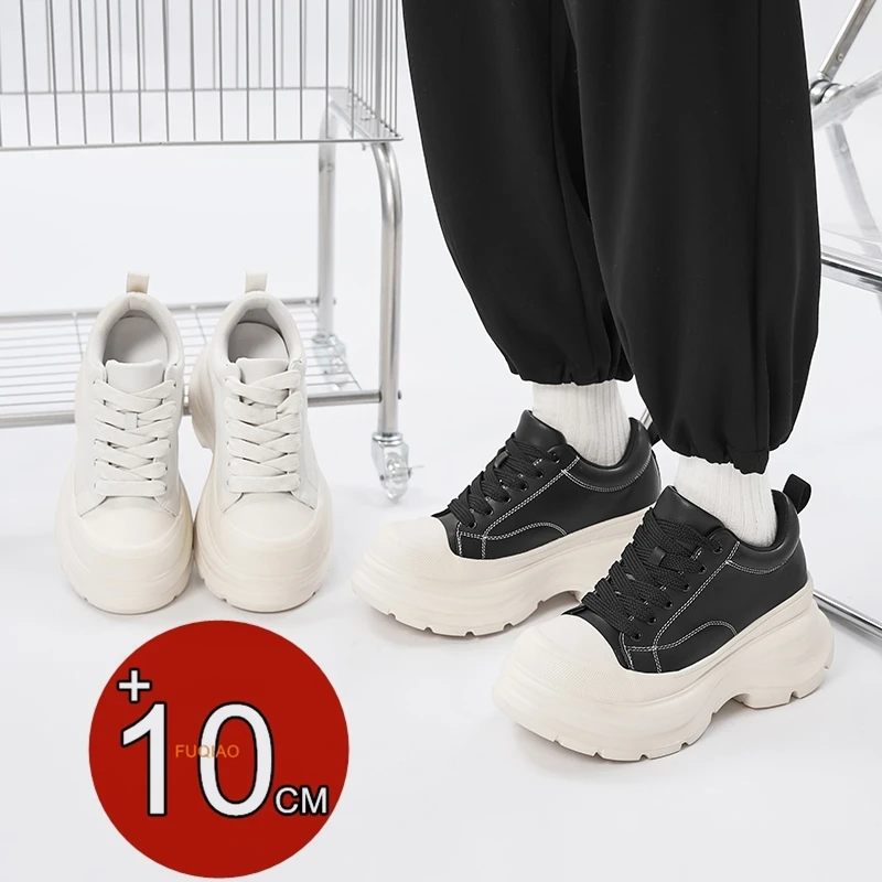 10CM 남성용 천연 가죽 플랫폼 키높이 슈즈 청키 스니커즈 캐주얼 편안한 하이 브랜드 키높이 신발