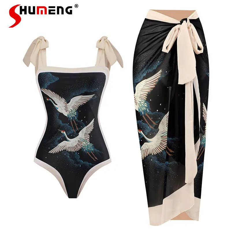 

2023 Summer New Retro Printed Swimsuit Conservative One-Piece Hot Spring Beachwear Women's Seaside Beach Vacation Chiffon Blouse