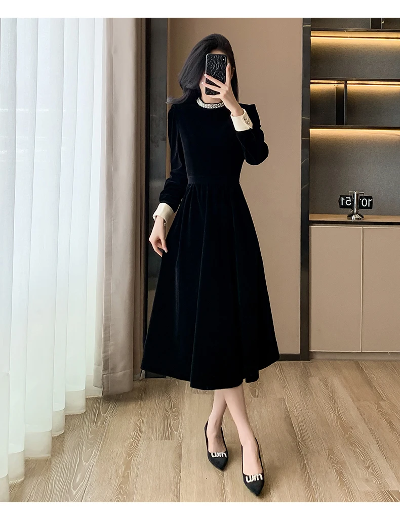 Mujer Primavera Verano Nuevo Elegante Terciopelo Patchwork Midi A Line Vestidos Oficina Dama Manga Larga Fiesta Moda Una Pieza Bata