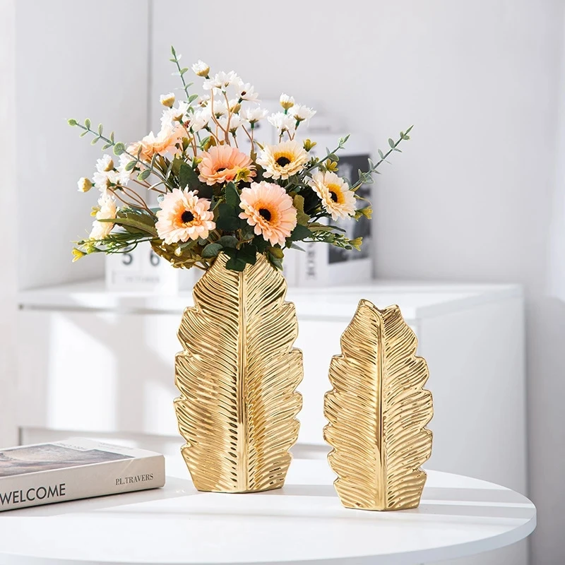 2Pcs/Nordic black gold plating leaf ceramic vase Modern simple household TV cabinet decoration vase 3