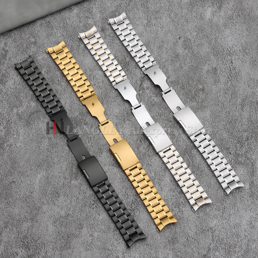 Sleek Stainless Steel Curved-End Watch Strap with Folding Buckle