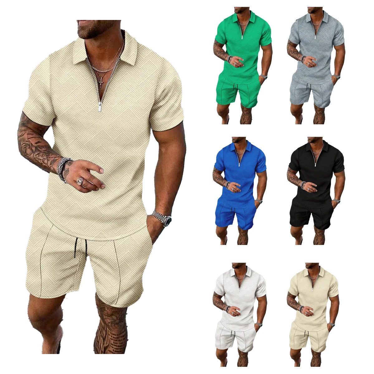 

New Men's Suit Solid Jacquard craft Summer Casual Short Sleeve Polo Shirt Shorts Suit Fashion Zipper Polo Shirt Two Piece Set