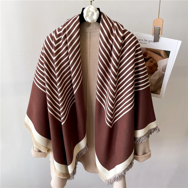 Sciarpa scialle in cashmere 2022 per donna stampa a righe spessa invernale calda pashmina coperta 125 cm grande quadrato Echarpe_voghion.com