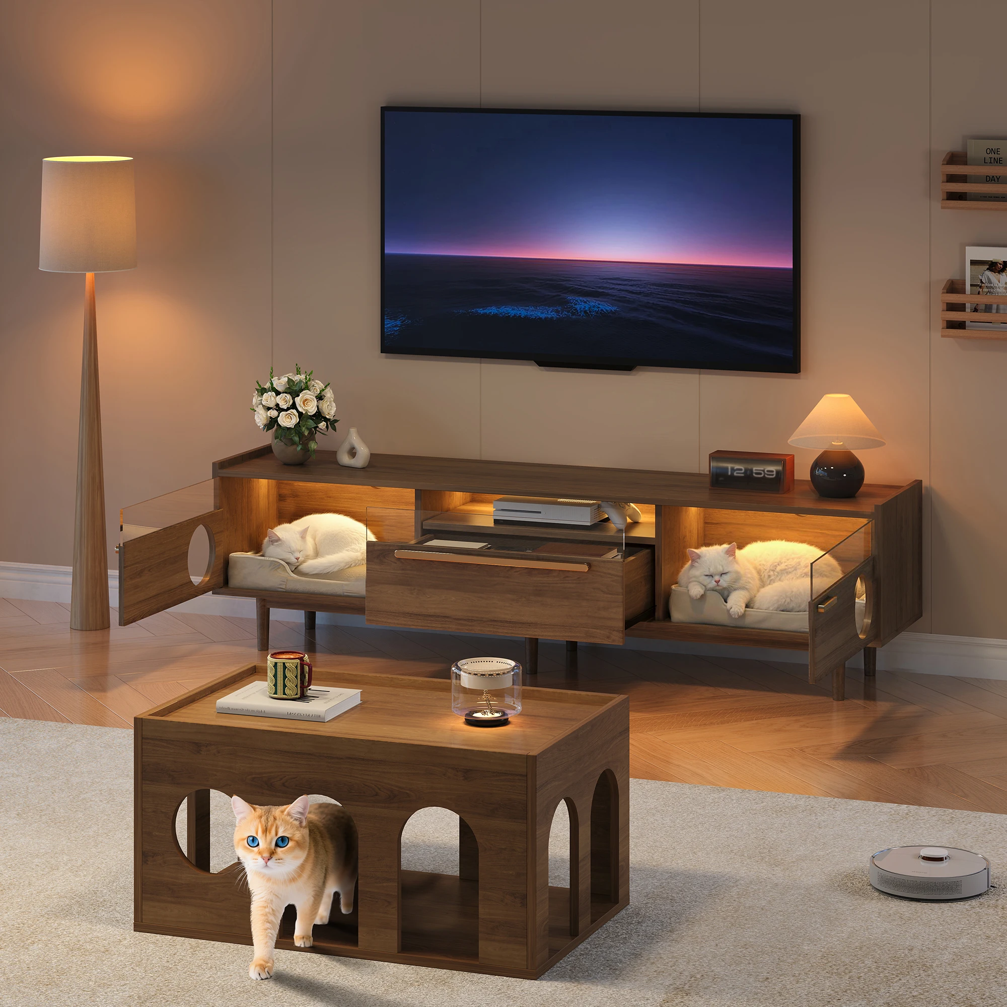 Moderner TV-Schrank mit LED-Beleuchtung – mit Katzenrückhaltfläche, Stützhüllen, stahlverstärkten Glastüren und 1-Schublade – Detail 19