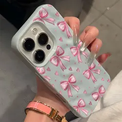 Elegant Pink Bow Heart Pattern Wave Texture Phone Case - Soft Back Cover - iPhone 15 Plus (Blue - YYDSE6101)