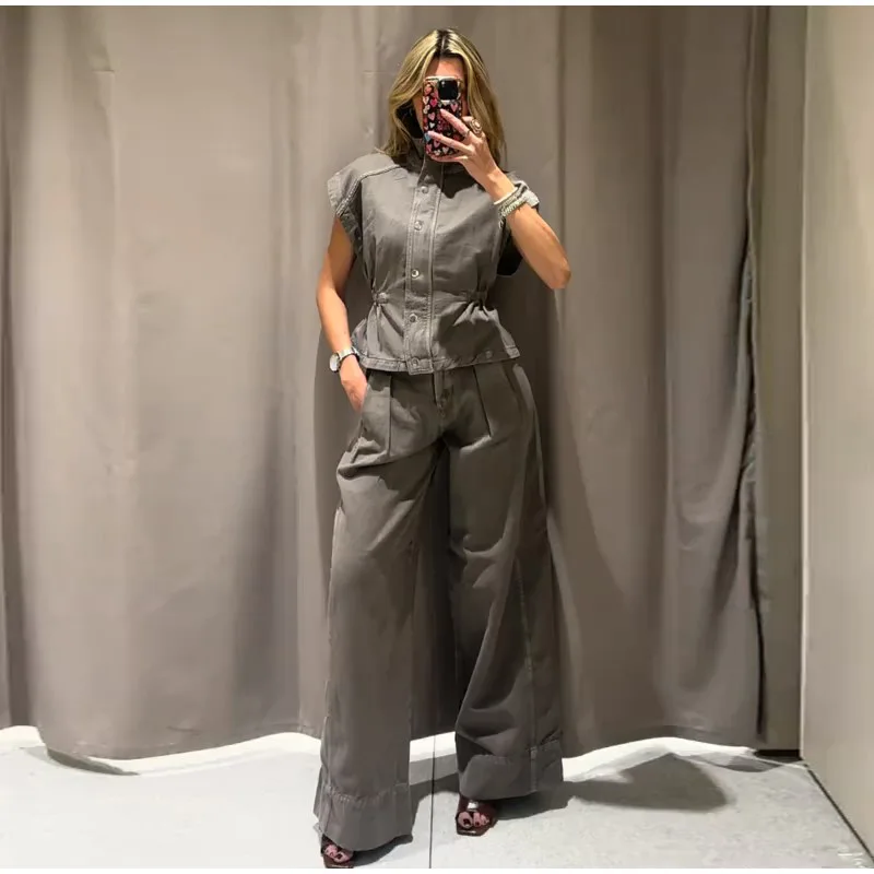 Damen Denim Zweiteiler Set Ärmellose Knopfleisten-Crop-Weste Hochgeschnittene Weite Hose Lässiges Tägliches Streetwear Mode-Outfit – Detail 2