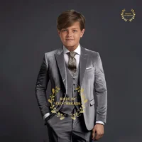 Boy Grey Formal Suit Children’s King Wedding Show Host Costume Kids Blazer Vest Pants 3-piece Clothing Set Custom Velvet Tuxedo