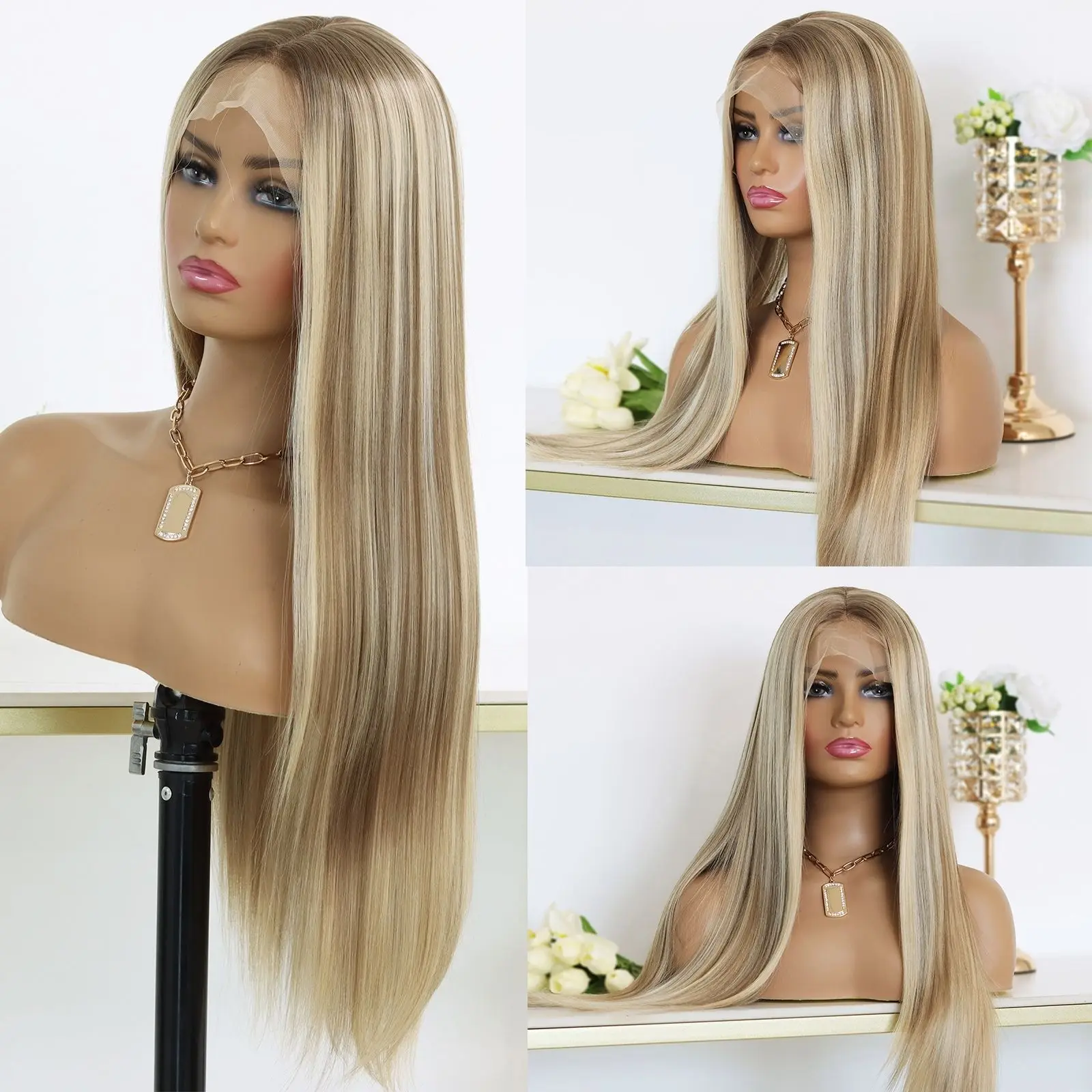 Highlight Honey Blonde 13X4 Lace Front Synthetic Wigs For Women Long Straight Ombre Brown Mixed Blonde Lace Front Wig For Women
