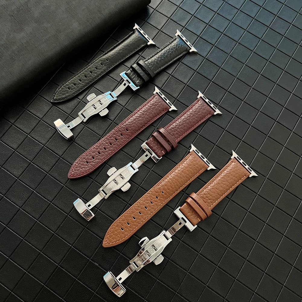 

Premium Leather Strap for Apple Watch Band 49mm 45mm 41mm 44mm 40mm 42mm Butterfly Buckle Bracelet for iWatch 8 Ultra 7 6 5 4 SE