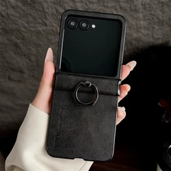 Luxury Leather Ring Case: Premium Shockproof Cover with Plain Hinge Design - Motorola Razr 70 (Black)