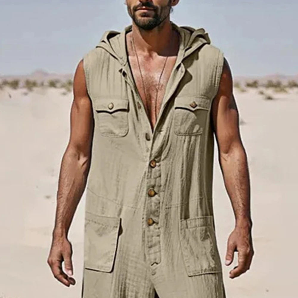 Men's Hooded Jumpsuits Autumn Casual Onesie Cotton Blend Hoodies Romper Solid Streetwear Male Sleeveless Multi-pocket Overalls 3