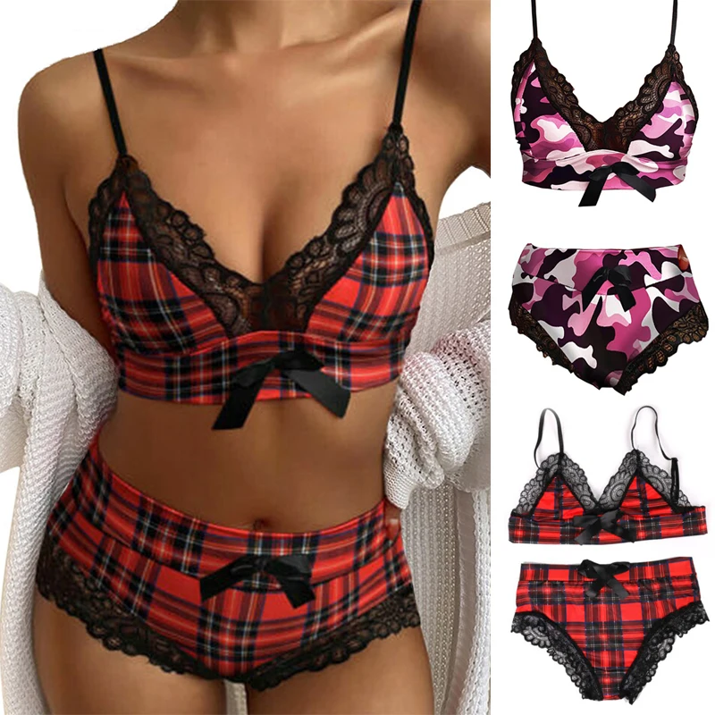 

New Sexy Printed set Bra Set Nightwear Lace Red and Black Plaid Women Panties Shorts Lingerie Bra Fashion Ladies