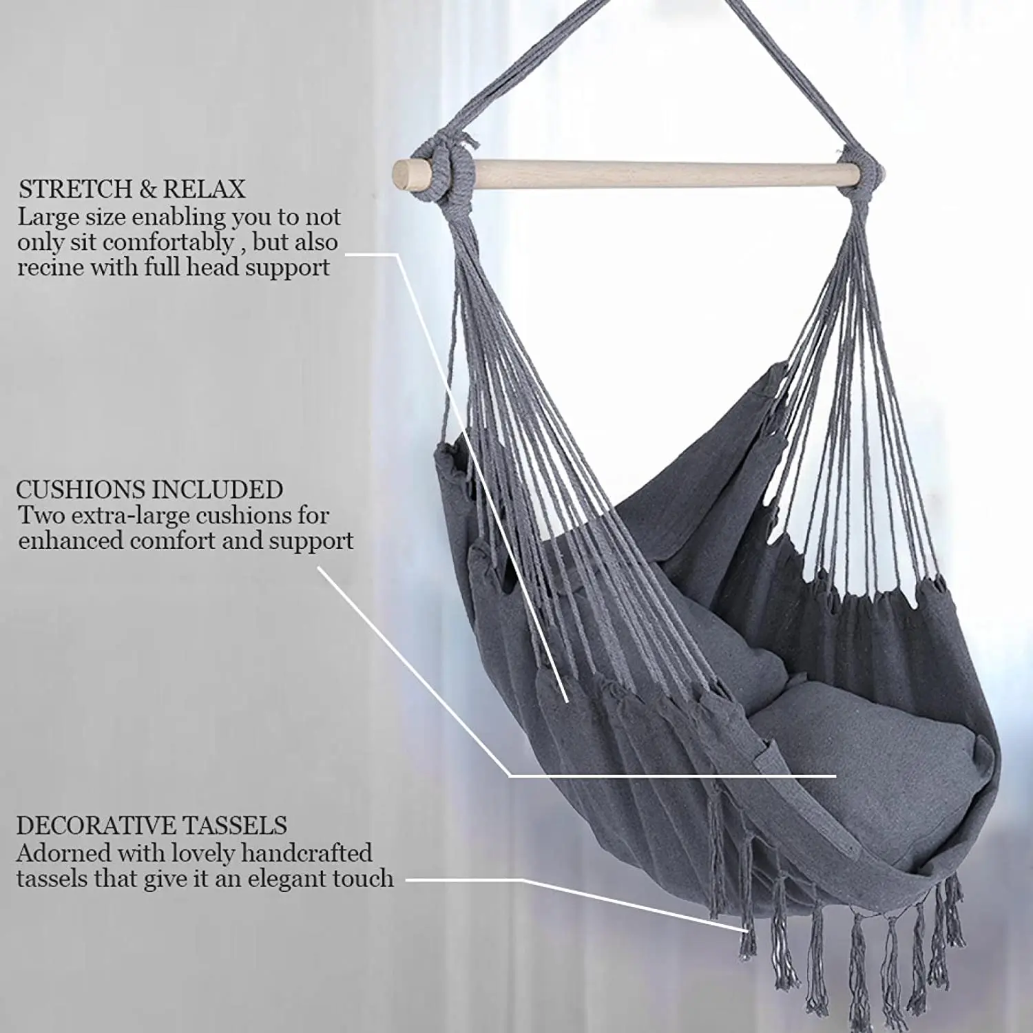 Large Handwoven Cotton Hammock Chair-Max Weight 330 Lbs-Boho Chair with Fringe Tassels for Indoor, Outdoor image_2
