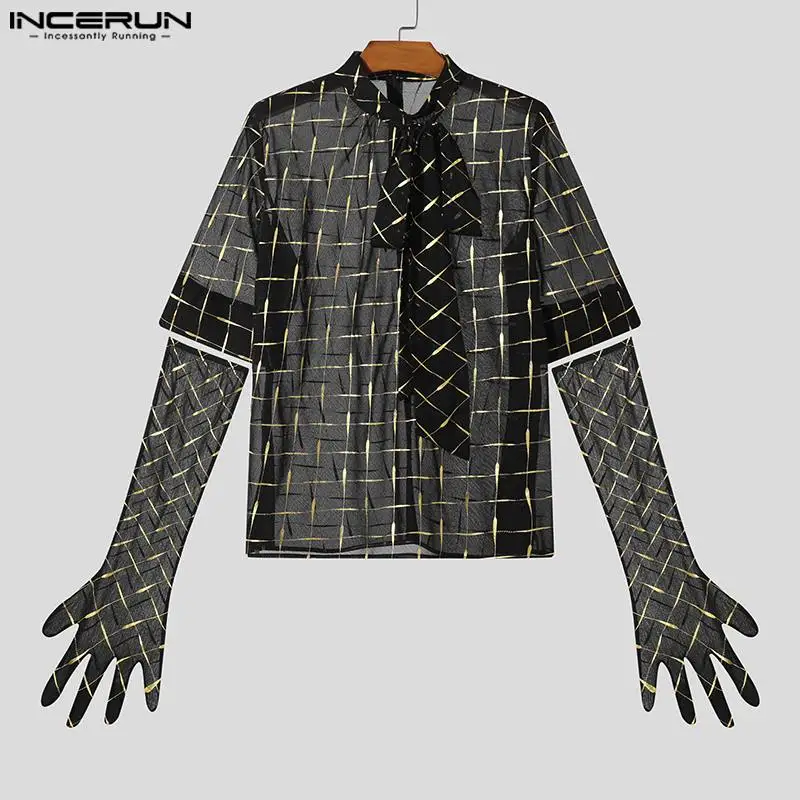 INCERUN 남성용 셔츠 인쇄 스탠드 칼라 반팔 장갑, 쉬폰 스트리트웨어, 캐주얼 남성 의류, 투명 S-5XL, 2024