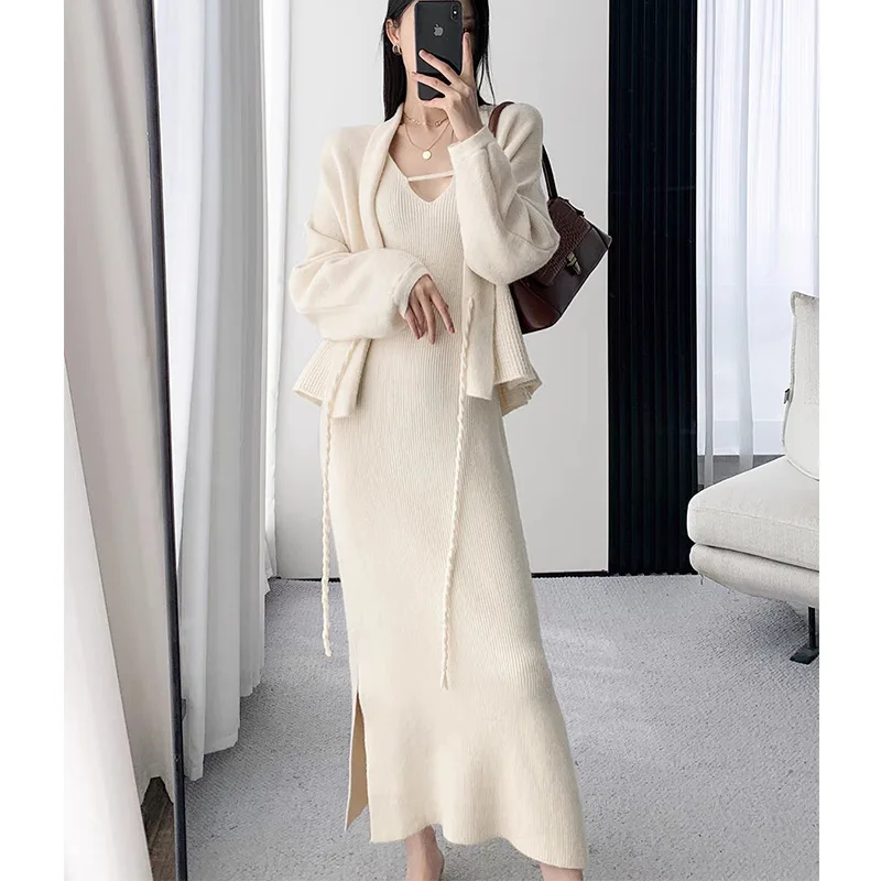 

Sweater Dress Women Cardigan Knit Spring V-neck 2023 Sexy Jumpers Lace Up Pullovers Jumpers Autumn Winter White Vestidos Jumper