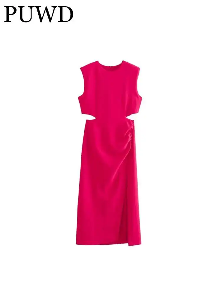 

PUWD Women Fashion Pink Round Neck Midi Slit Dress 2023 Summer Vintage Back Zipper Hollow Sleeveless Female Bottoms Mujer