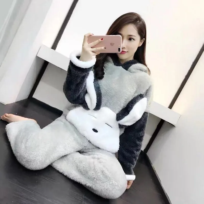 Coral Velvet Autumn Winter Sleepwear Thickened Plus Size Women's Pajamas Home Wear Student Cartoon Hooded Flannel Pijama Set