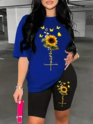 Sunflower Butterfly Print Women's Fashion Two - Piece Short Set - XXXL (Blue - Black)