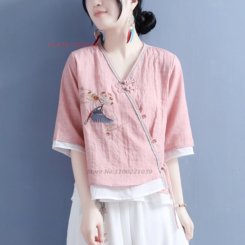 

2024 traditional chinese vintage blouse national flower embroidery double layers cotton linen blouse oriental v-neck folk blouse