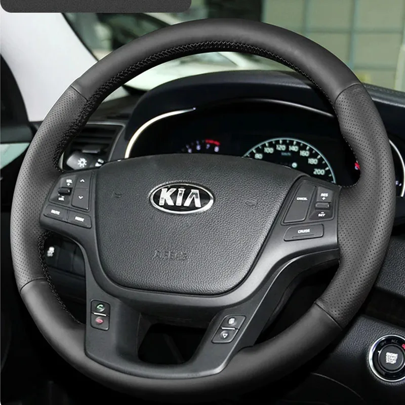 Funda Para Volante De Coche Cosida A Mano De Cuero Negro Para Kia
