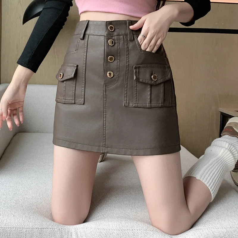 

2023 New PU Leather Short Skirt High Waist Washed Ribbed Korean A-line Skirt Sexy Nightclub Wrap Hip Buttons Faldas Saias