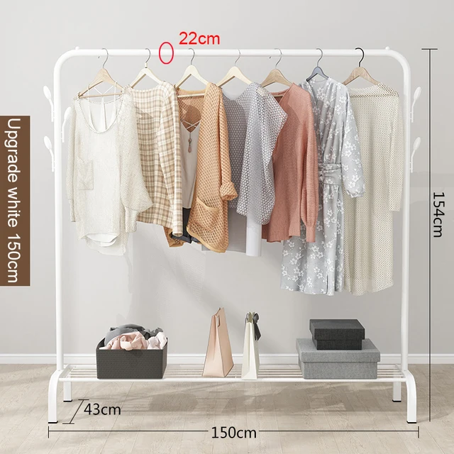 Garment Rack Floor Standing Clothes Hanger Double Pole Coat Rack Wardrobe Clothing Drying Rack Mobile Cloth Rail Home Furniture W Update 150cm