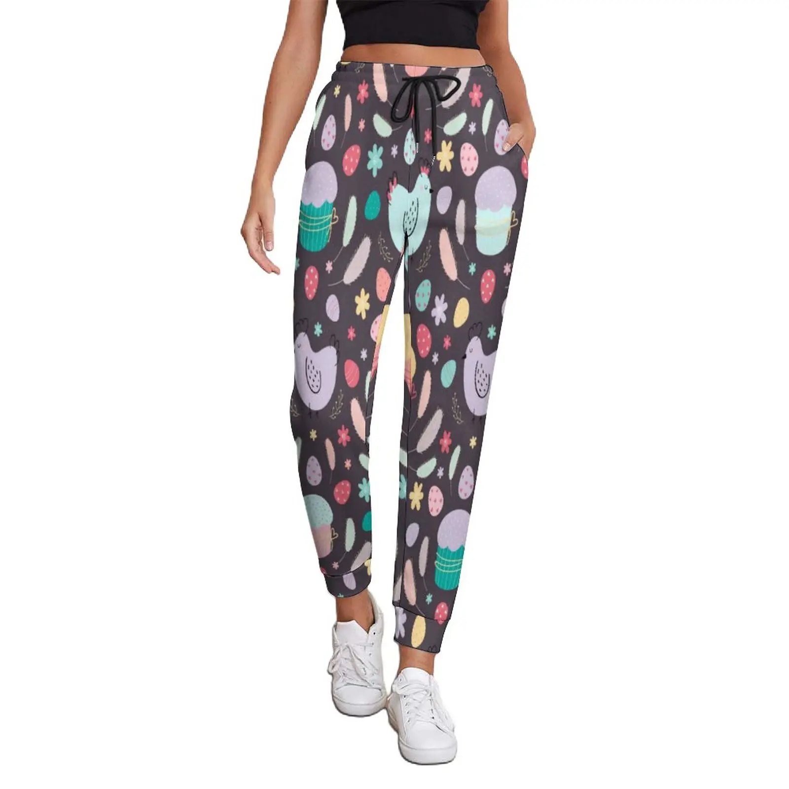 

Cartoon Chicken Jogger Pants Easter Egg Print Hippie Joggers Spring Women Modern Design Oversized Trousers Birthday Present