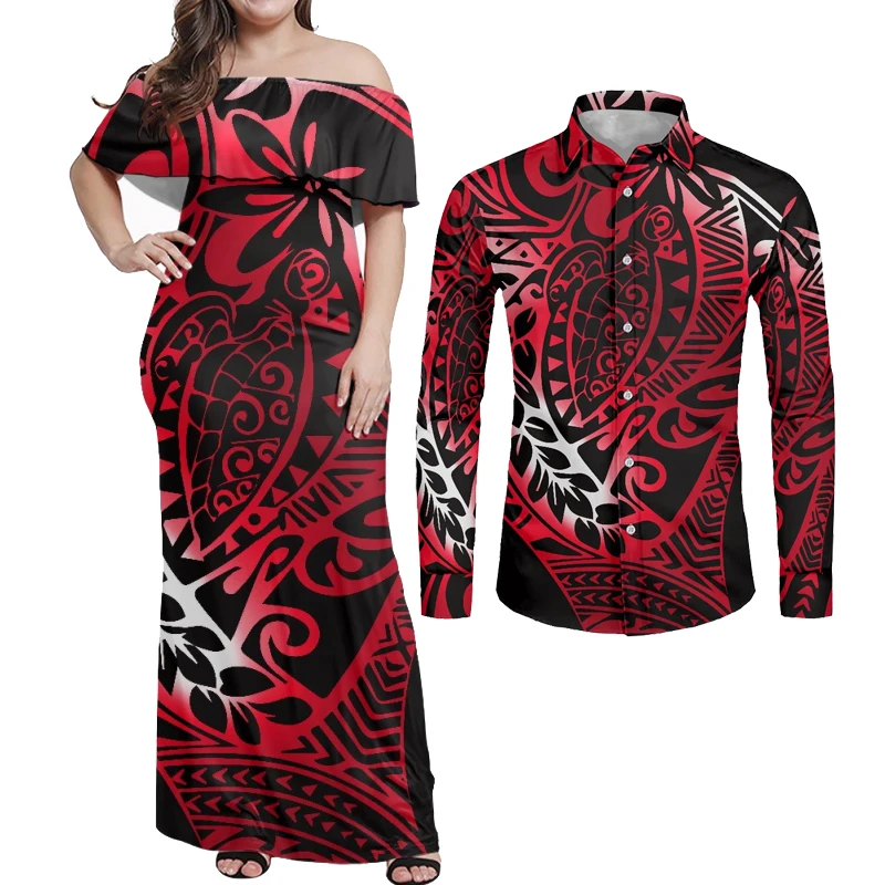 

HYCOOL Wholesale Polynesian Tribal Print Couples Set Costumes Hibiscus Print Summer Party Bodycon Red Off Shoulder Dress 2023