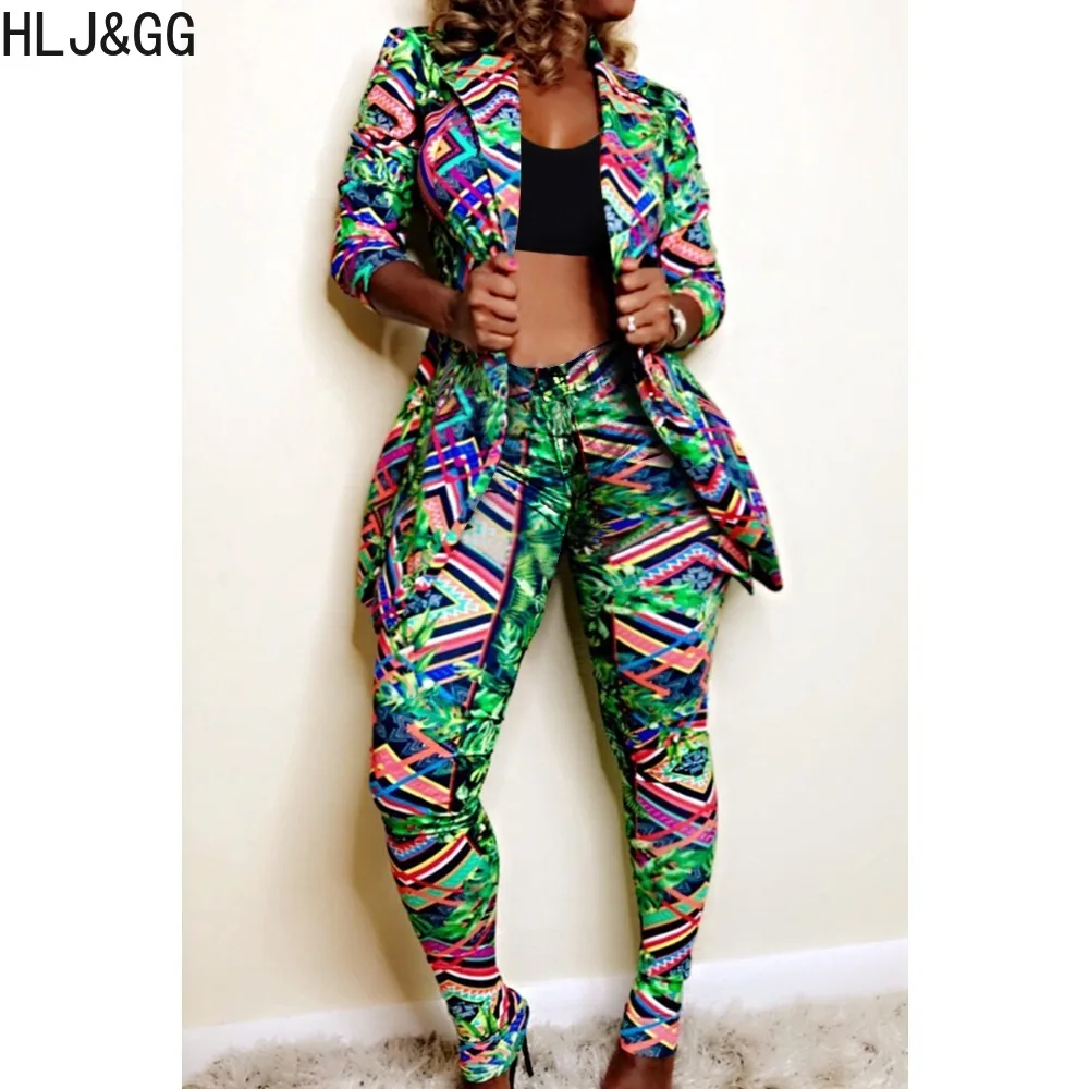 HLJ&GG Casual Print Skinny Pants Two Piece Sets Women Turndown Collar Long Sleeve Blazer Coats + Pants Tracksuits Female Outfits